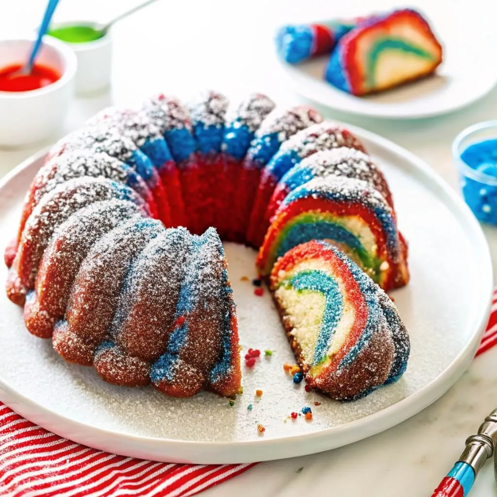 A close-up of a bundt cake with a slice removed, revealing colorful red, blue, and green swirl layers inside.