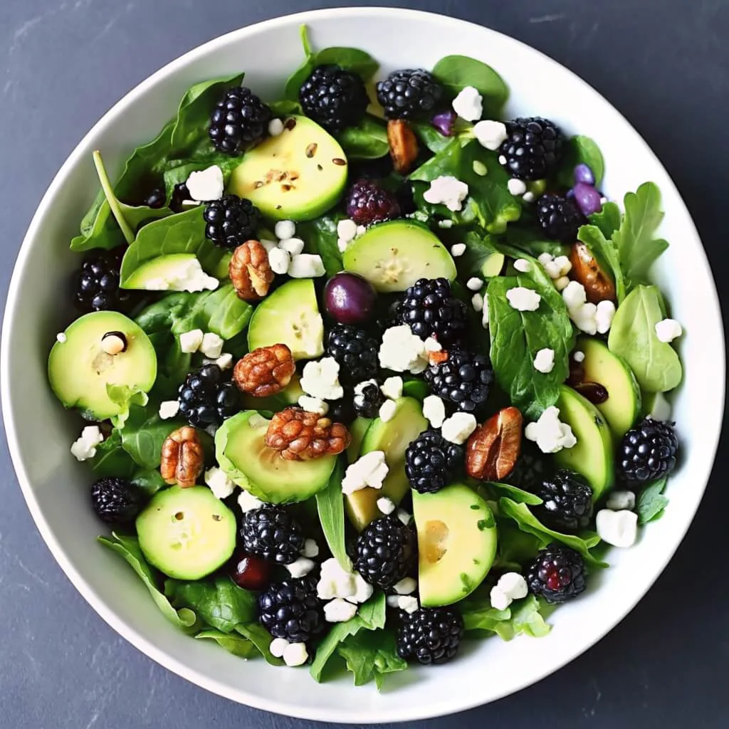 Fresh Blackberry Avocado Arugula Salad Recipe 3 A detailed overhead shot of a superfood berry salad in a white bowl including blueberries, blackberries, avocado, pecans, and feta cheese.
