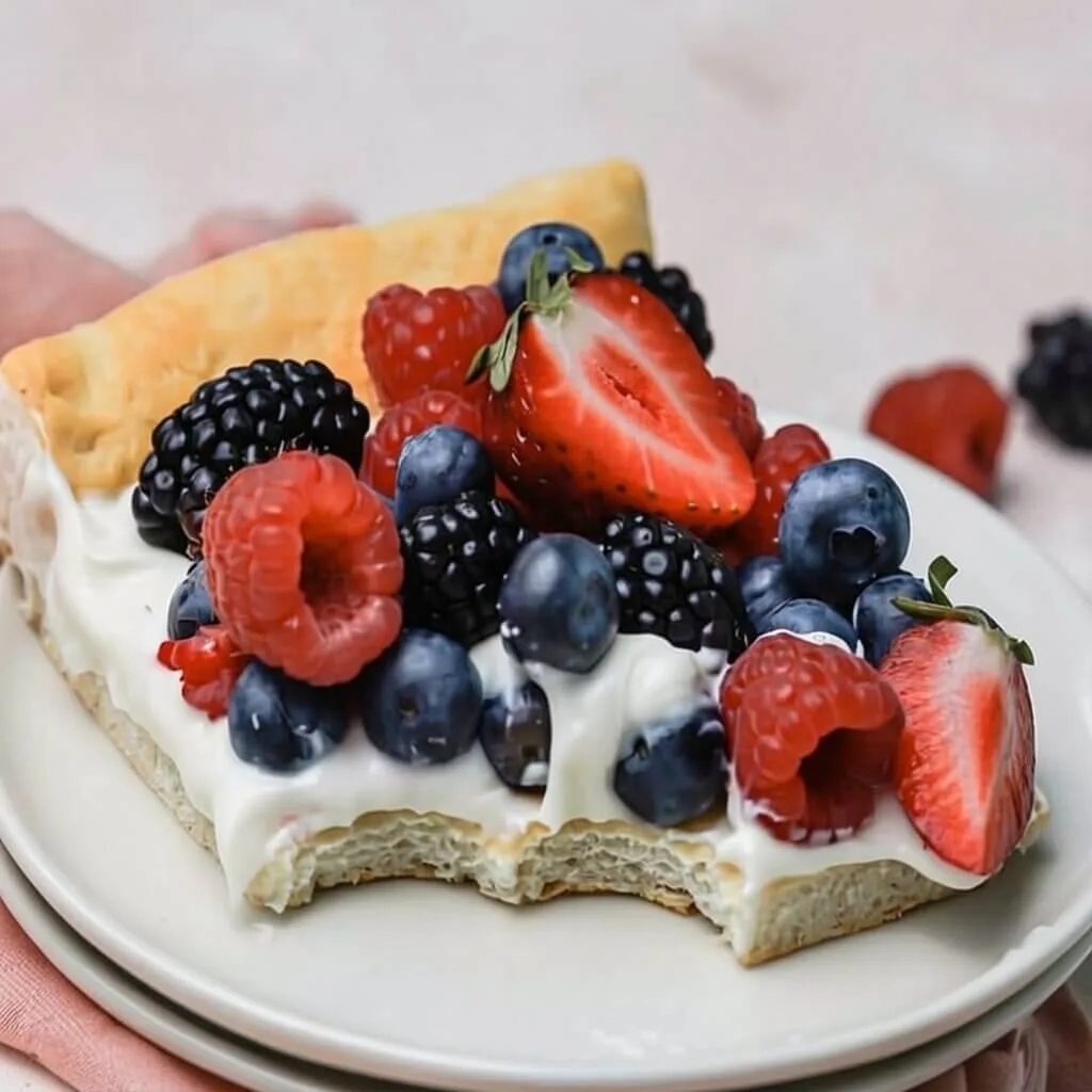 Glazed Homemade Classic Fruit Pizza 3 A single slice of fruit pizza on a white plate with a bite taken out, featuring a sugar cookie crust, cream cheese frosting, and mixed berries.