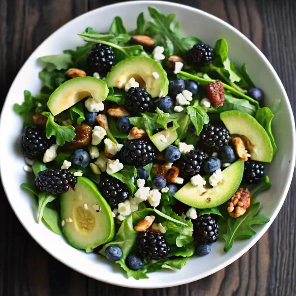 A close-up of a fresh summer salad in a black bowl featuring sliced avocado, plump blackberries, blueberries, almonds, and feta cheese on a bed of greens.