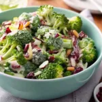 A close-up shot of a fresh broccoli salad in a light green bowl, featuring vibrant green florets, dried cranberries, and slivered almonds in a creamy dressing.