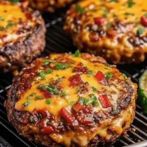 Close-up of thick beef burger patties on a grill rack, topped with melted cheddar cheese, chopped red peppers, and fresh green herbs.