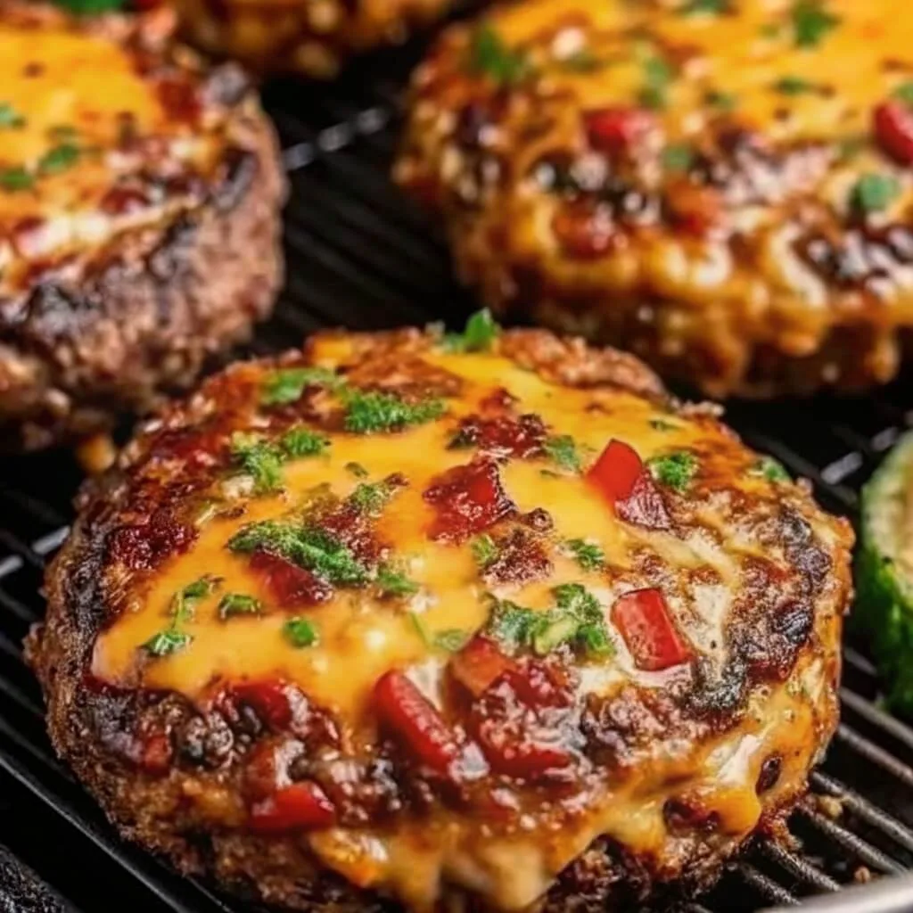 Close-up of thick beef burger patties on a grill rack, topped with melted cheddar cheese, chopped red peppers, and fresh green herbs.