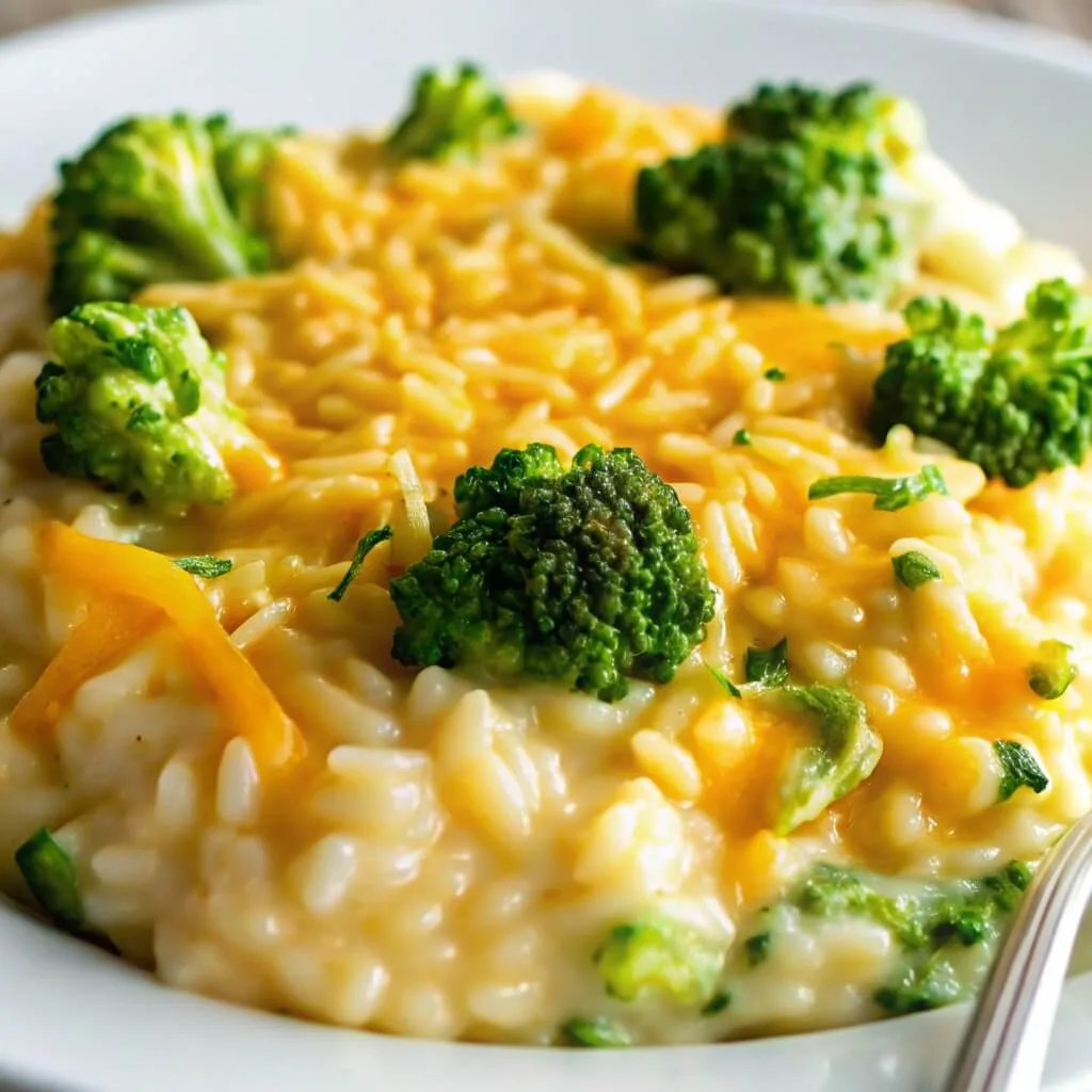 Close up of creamy cheesy broccoli rice risotto topped with melted cheddar cheese and vibrant green broccoli florets.