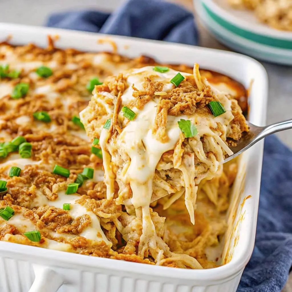 A side-angle view of a spoon scooping a portion of shredded chicken casserole topped with melted cheese and crunchy fried onions.