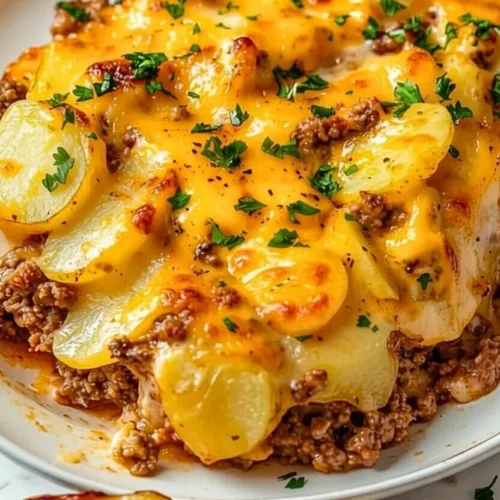 A generous portion of ground beef scalloped potato casserole with layers of meat and melted cheese served on a white plate.