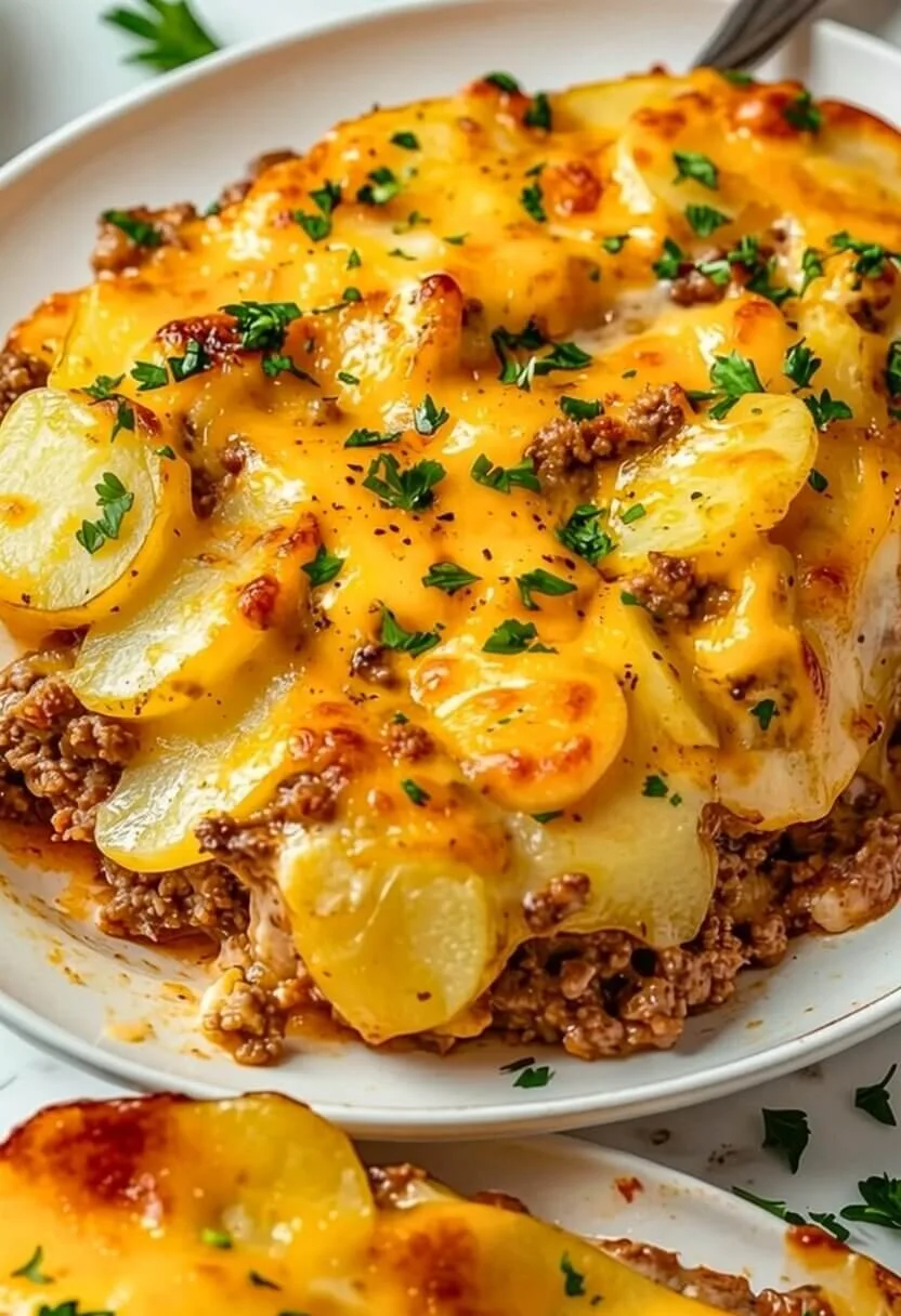 A generous portion of ground beef scalloped potato casserole with layers of meat and melted cheese served on a white plate.