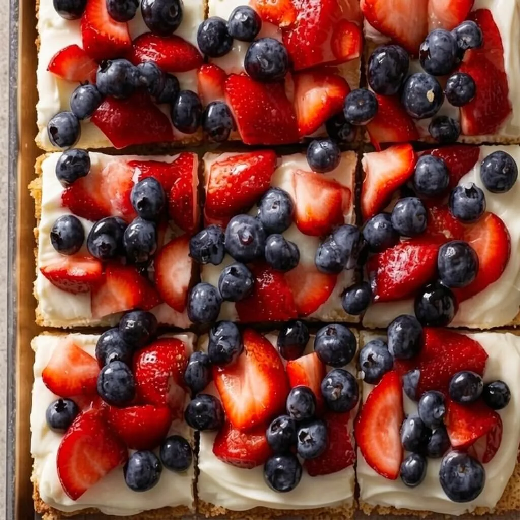 Glazed Homemade Classic Fruit Pizza 2 Overhead view of a baking sheet filled with square berry sugar cookie bars topped with cream cheese icing, sliced strawberries, and blueberries.