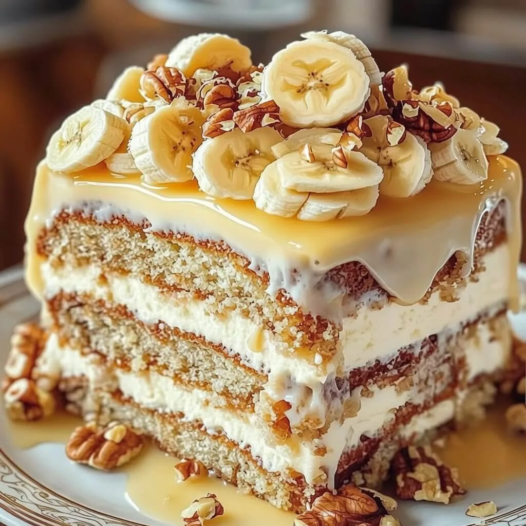 Heavenly Banana Walnut Cream Cake 2 An angled profile shot of a layered banana cake with cream cheese frosting, caramel drizzle, chopped pecans, and banana slices on a white plate.