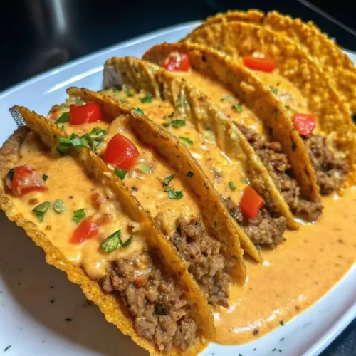 Four hard-shell ground beef tacos heavily drizzled with creamy orange queso cheese sauce and topped with diced red tomatoes and fresh cilantro on a white platter.