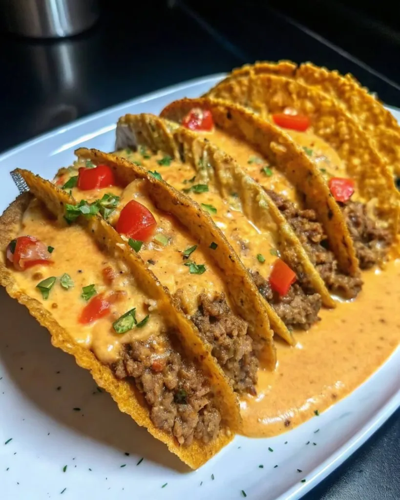 Four hard-shell ground beef tacos heavily drizzled with creamy orange queso cheese sauce and topped with diced red tomatoes and fresh cilantro on a white platter.