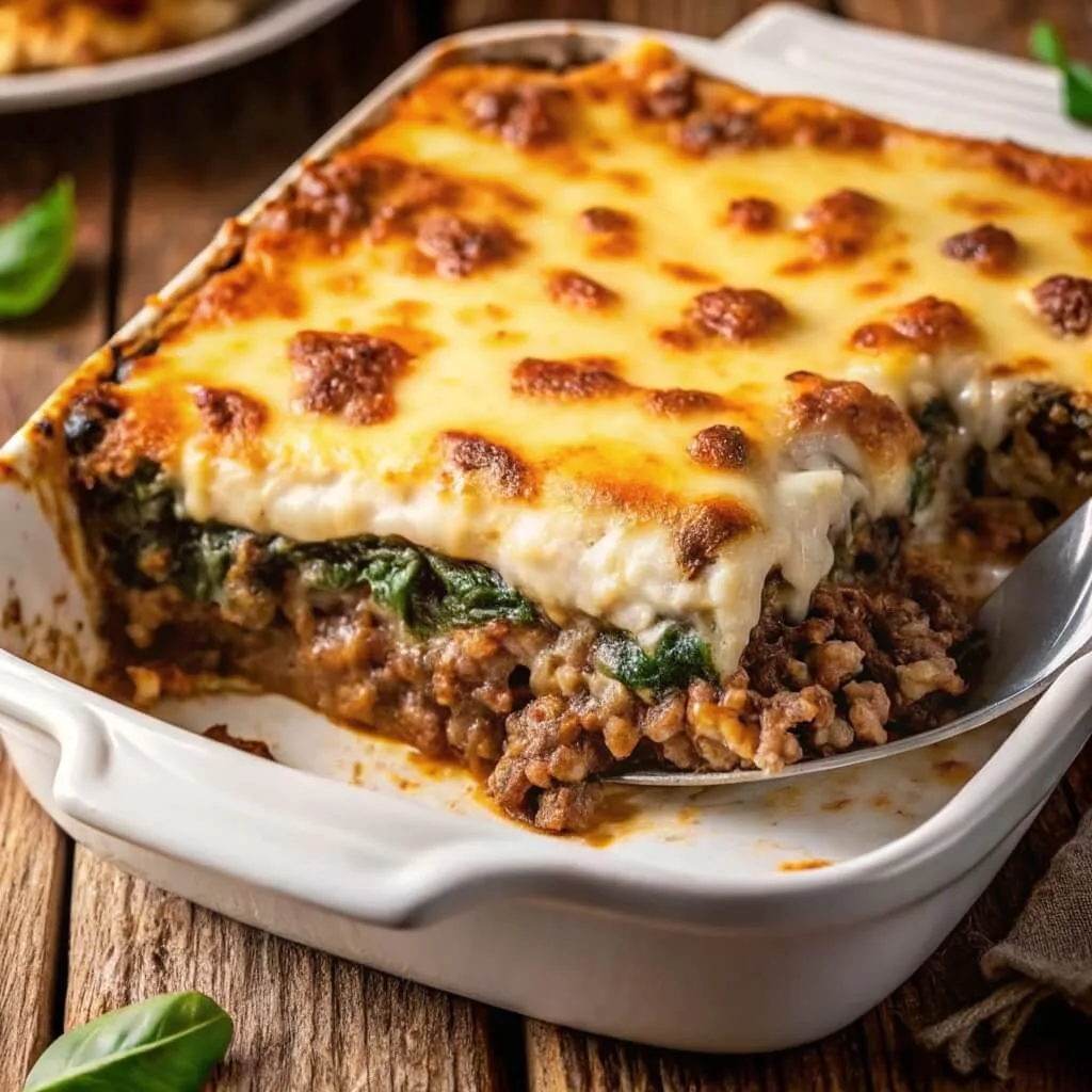Cottage Cheese Mushroom Swiss Burger Casserole Recipe 2 A silver spatula lifting a square serving of a layered casserole with ground meat, a layer of green spinach, and a white béchamel sauce topping.