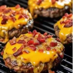 Multiple grilled burger patties on a black grill grate, each topped with a thick layer of melted yellow cheese and crispy bacon bits.