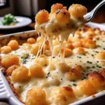 A metal fork lifting a serving of tater tot casserole from a white dish, showing long strings of melted cheese.