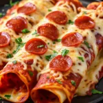 Several rolled pizza enchiladas on a black plate, topped with extra pepperoni slices, melted cheese, and a sprinkle of fresh green parsley.