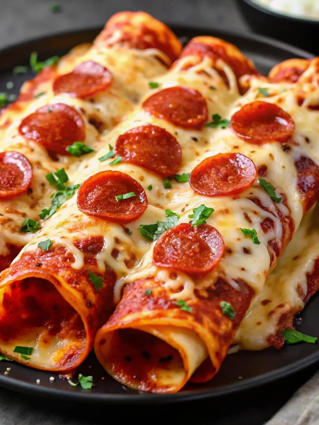 Several rolled pizza enchiladas on a black plate, topped with extra pepperoni slices, melted cheese, and a sprinkle of fresh green parsley.