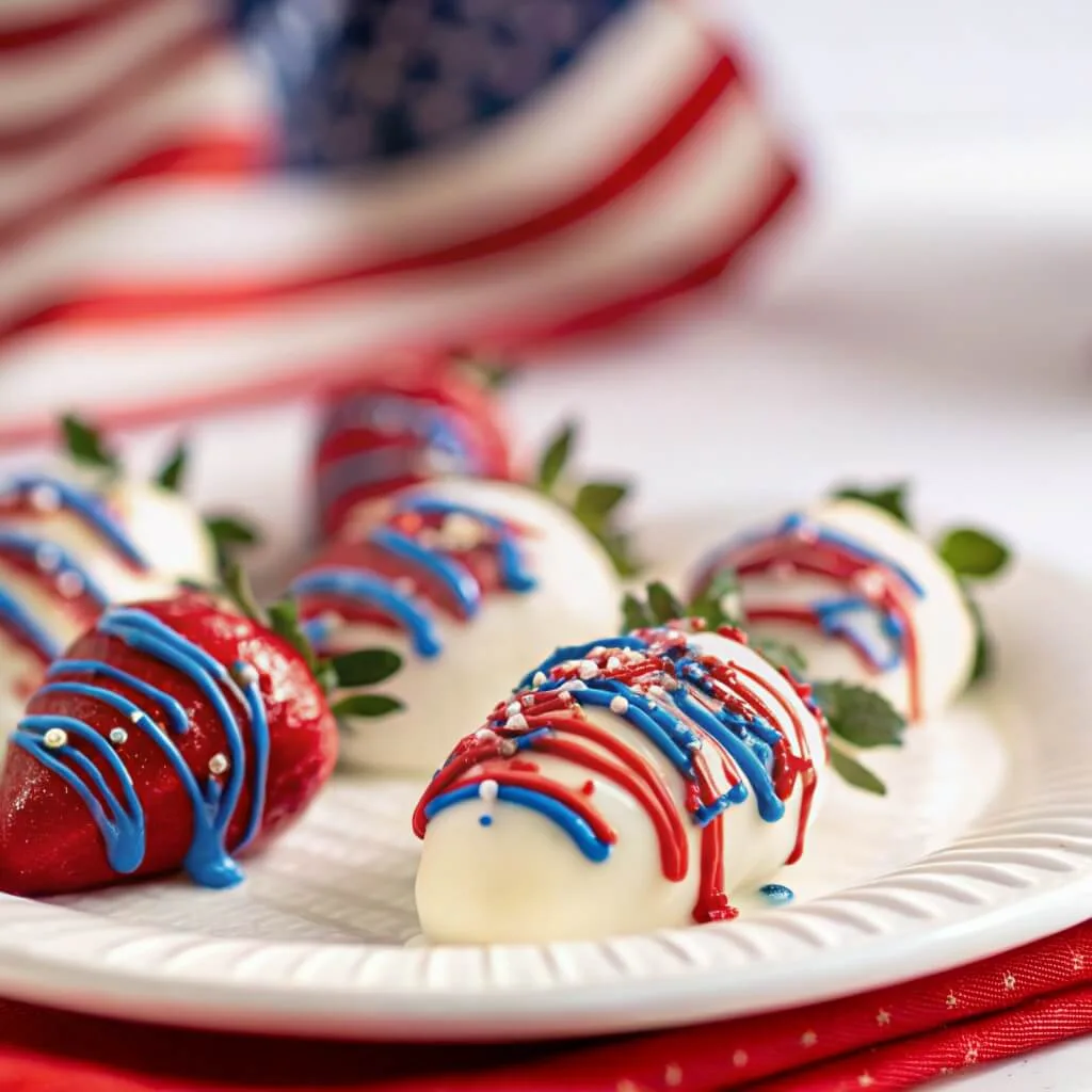 A close-up shot of white chocolate-covered strawberries with red and blue drizzled frosting and silver sprinkles, with a blurred American flag in the background.