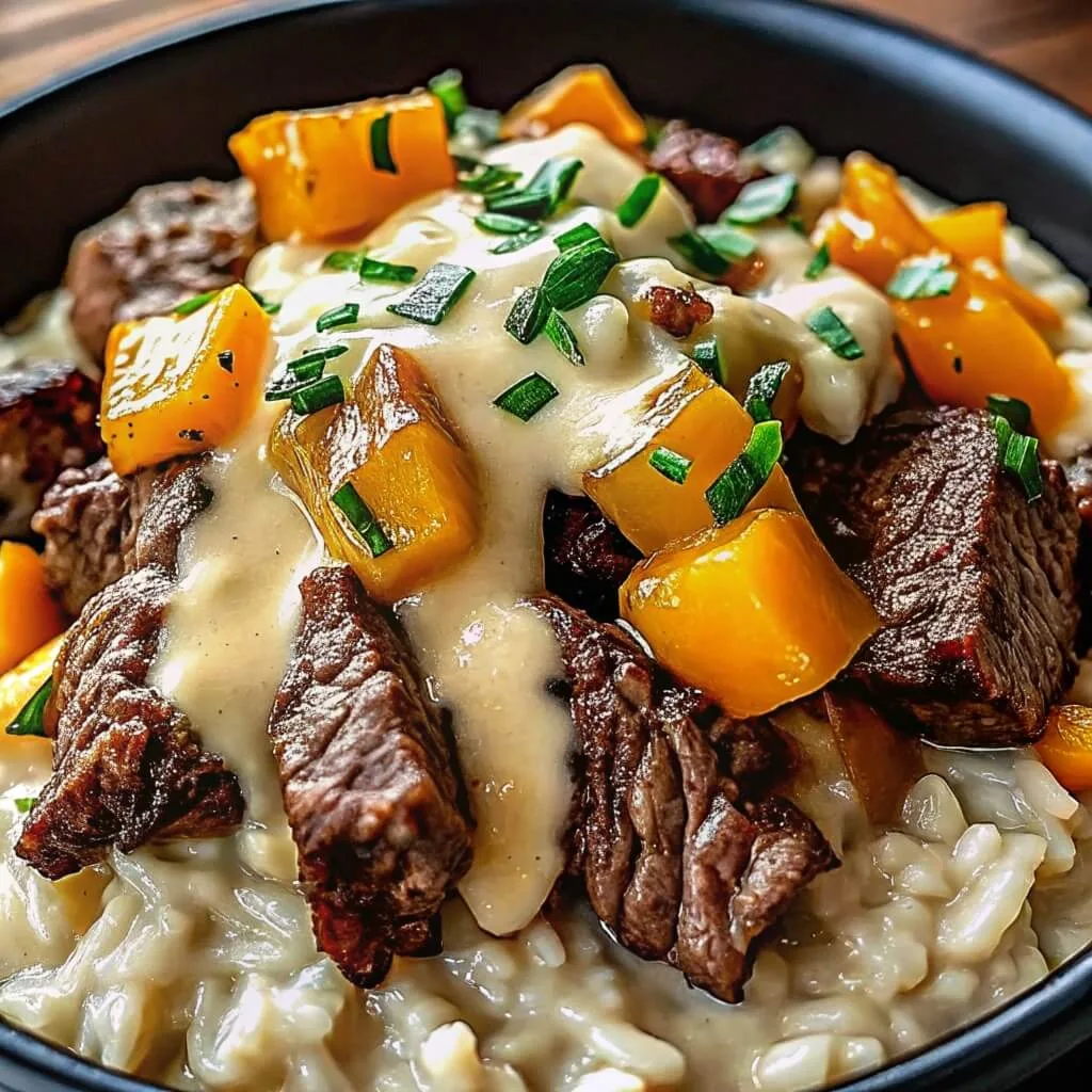 Seared beef tips and roasted butternut squash over a bed of creamy parmesan risotto with a herb cream sauce.