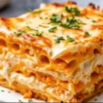 Close up slice of cheesy layered lasagna pasta bake with a bubbly golden mozzarella topping on a white plate.