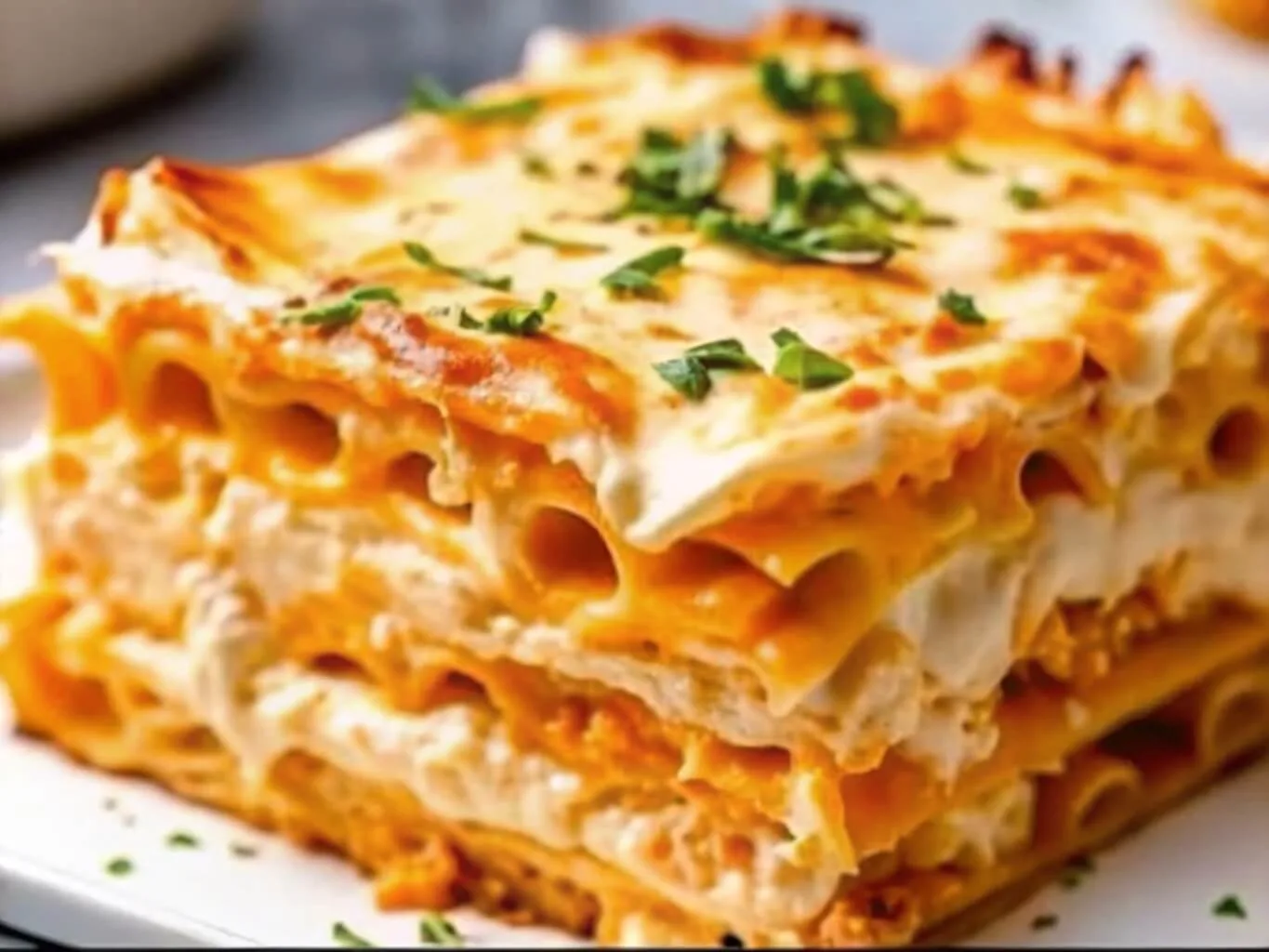 Close up slice of cheesy layered lasagna pasta bake with a bubbly golden mozzarella topping on a white plate.