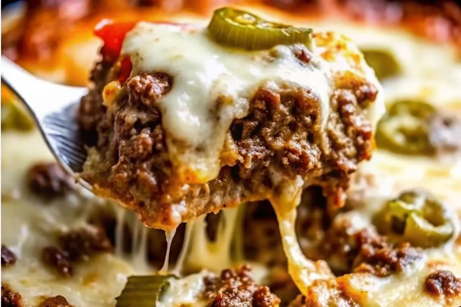 A server scooping a cheesy keto ground beef bake topped with jalapeno slices and a long cheese pull.