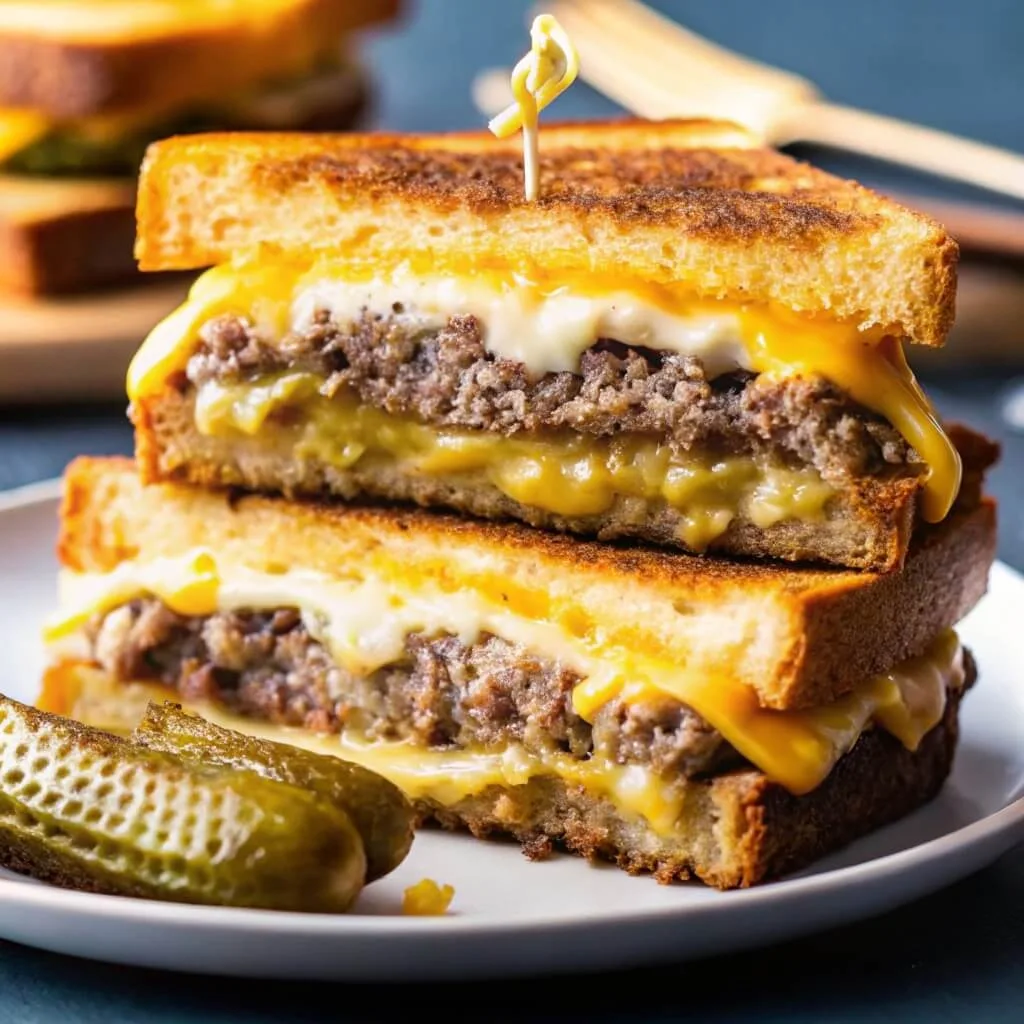 Classic Patty Melt 2 Stacked halves of a ground beef grilled cheese patty melt sandwich held with a toothpick next to dill pickles.