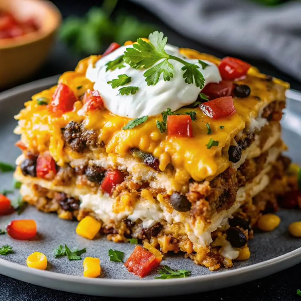 Breathtaking Easy Taco Casserole 2 Layered Mexican taco casserole slice topped with melted cheese, sour cream, and fresh cilantro on a plate with sweet corn.