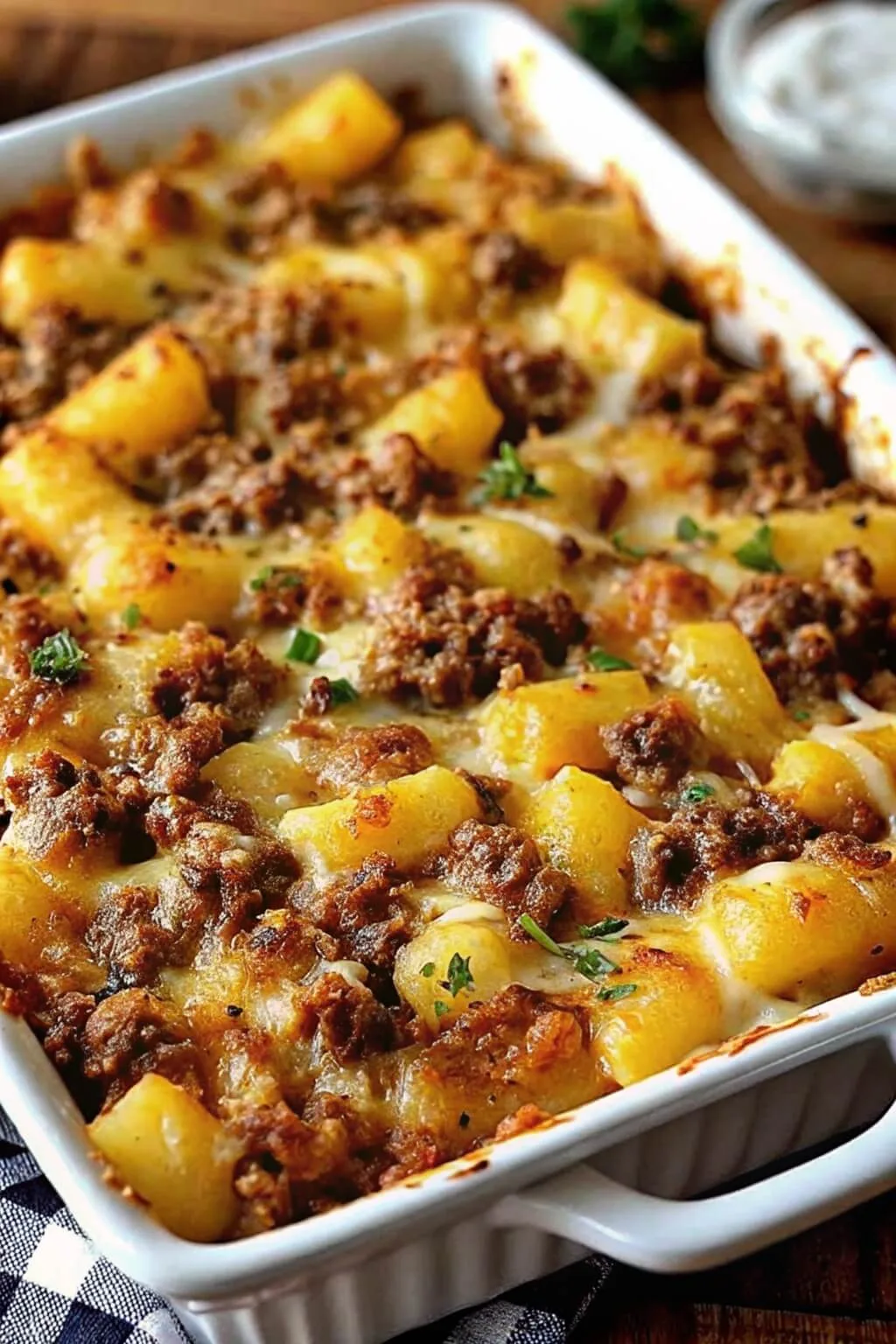 Cheesy minced beef and potato chunk casserole baked to a golden brown with melted mozzarella and fresh herbs.