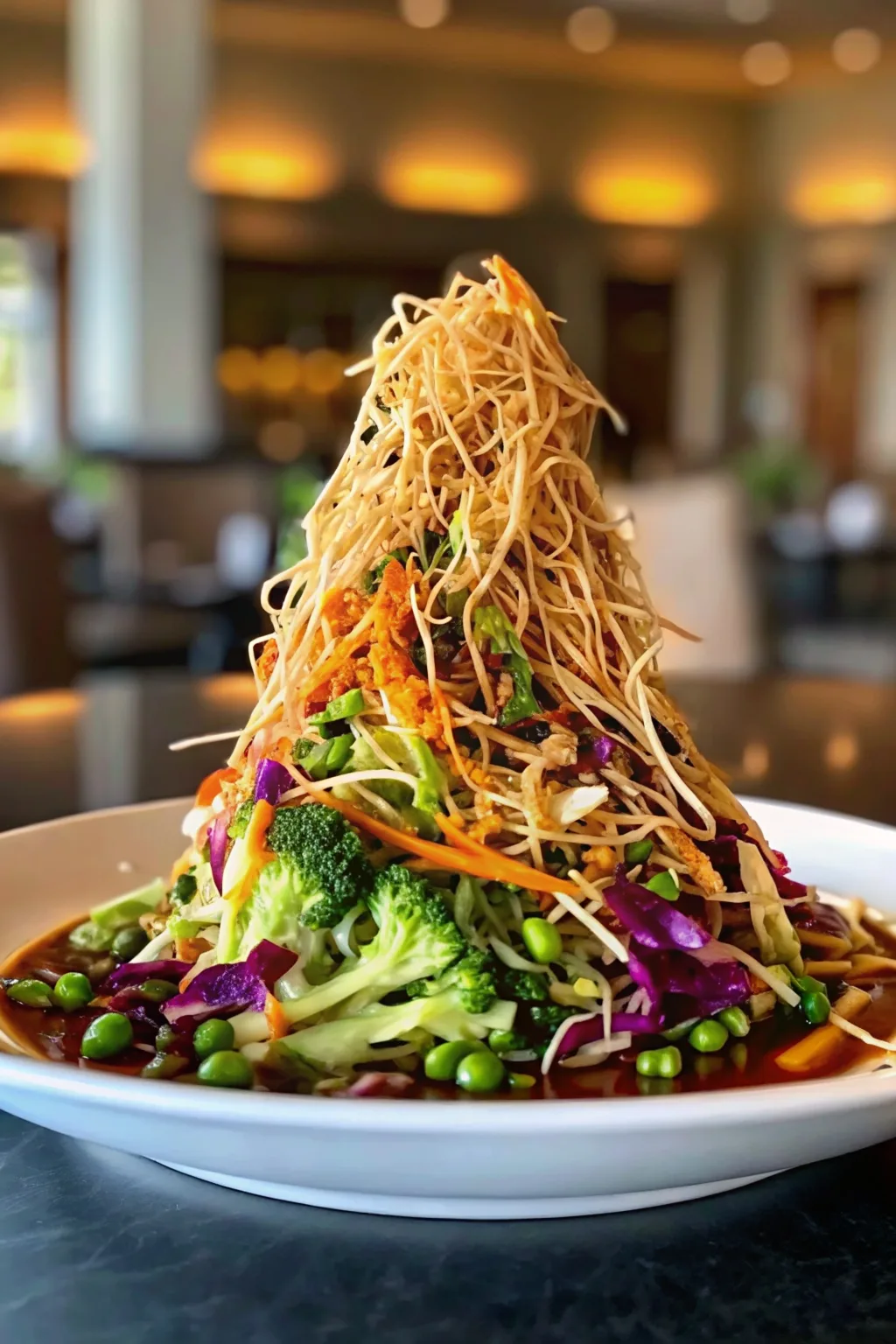 Chinese chicken salad with a high tower of crispy fried chow mein noodles, broccoli florets, and a savory sesame ginger dressing.
