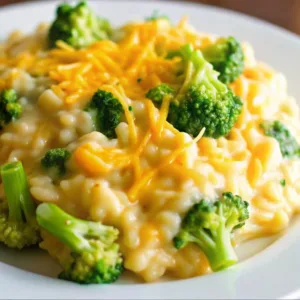 The Ultimate Comforting Broccoli Cheese Rice Casserole 3 A plate of creamy cheddar broccoli rice casserole topped with shredded yellow cheese and fresh broccoli pieces.