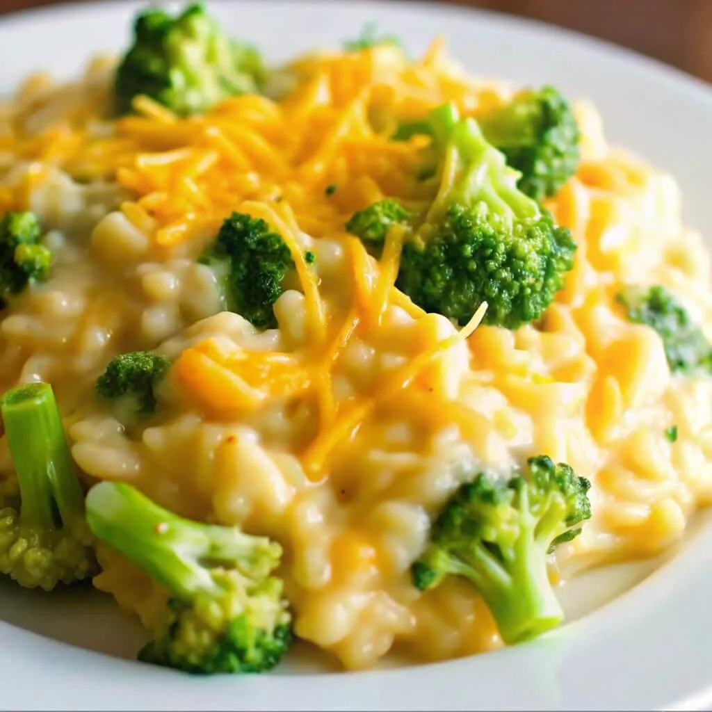 The Ultimate Comforting Broccoli Cheese Rice Casserole 1 A plate of creamy cheddar broccoli rice casserole topped with shredded yellow cheese and fresh broccoli pieces.