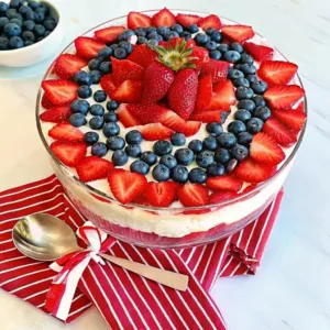 A top-down view of a trifle bowl decorated with rings of blueberries and strawberries, placed on a red and white striped napkin.