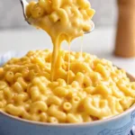Close up of a silver spoon lifting a scoop of ultra creamy stovetop mac and cheese over a light blue bowl.