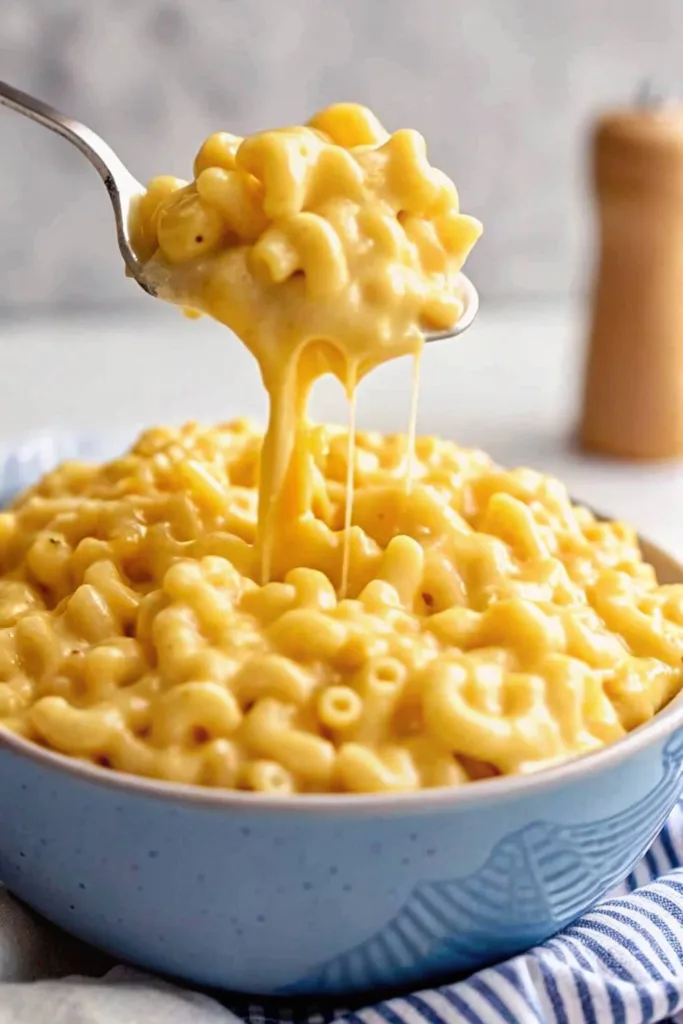 Close up of a silver spoon lifting a scoop of ultra creamy stovetop mac and cheese over a light blue bowl.