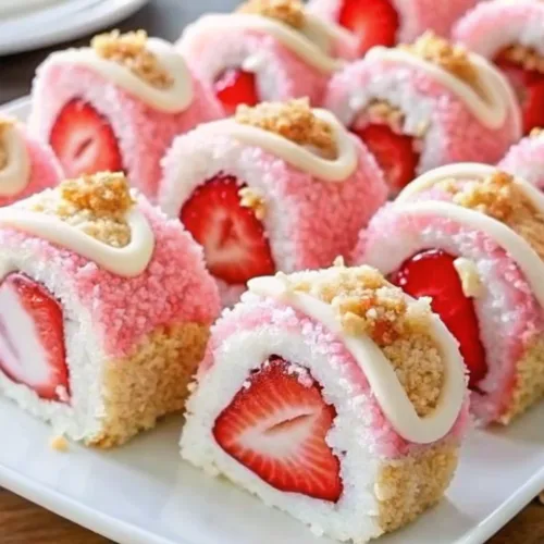 A white platter filled with rows of pink and white fruit sushi rolls topped with a sweet glaze and cookie crumbs.