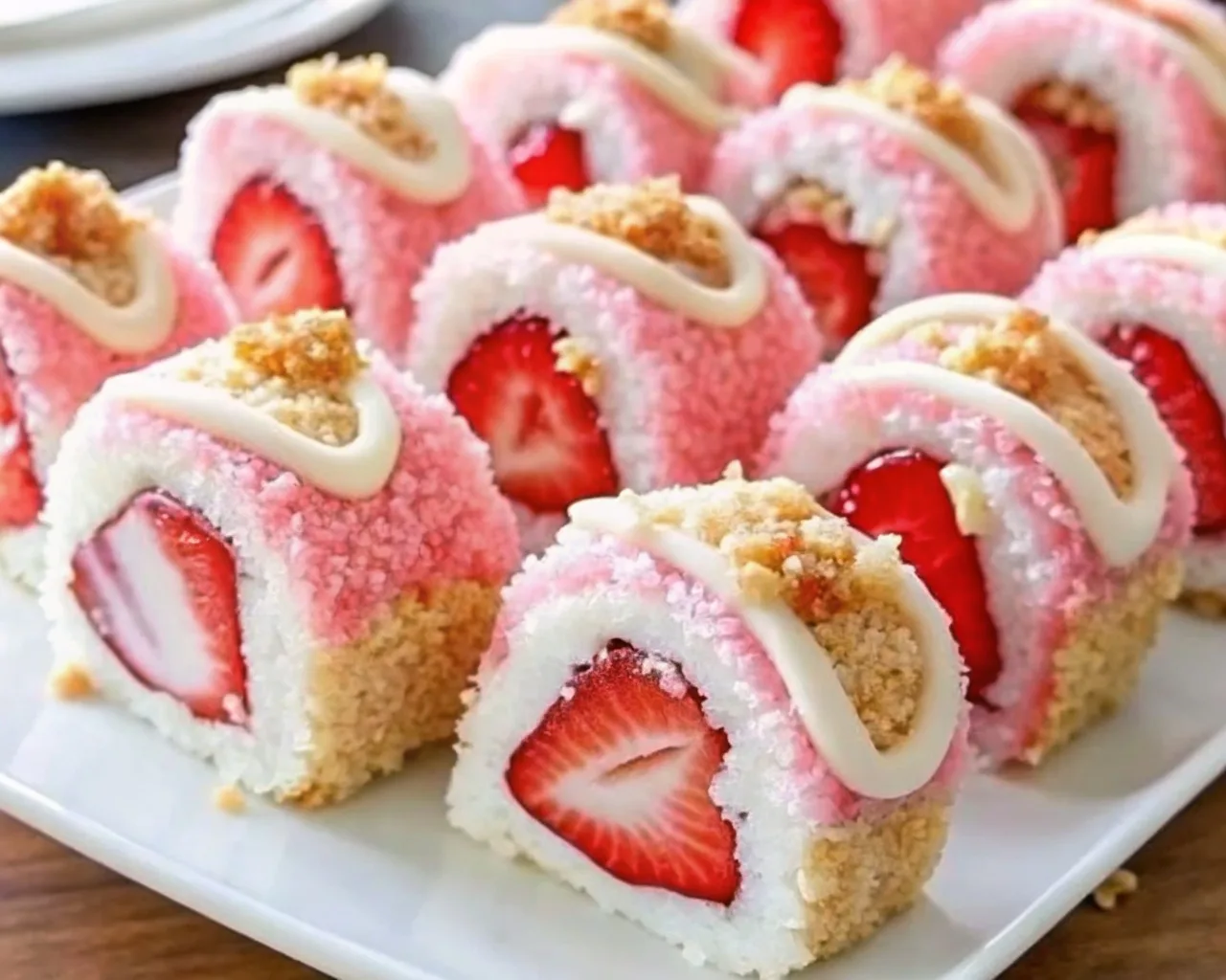 A white platter filled with rows of pink and white fruit sushi rolls topped with a sweet glaze and cookie crumbs.