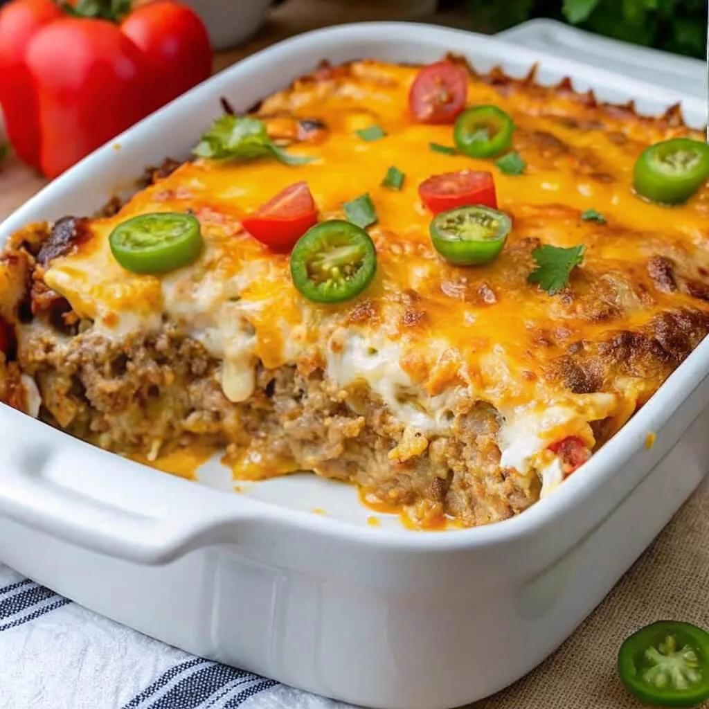 A full view of a freshly baked Mexican ground beef casserole in a white ceramic dish, garnished with fresh cilantro and jalapenos.