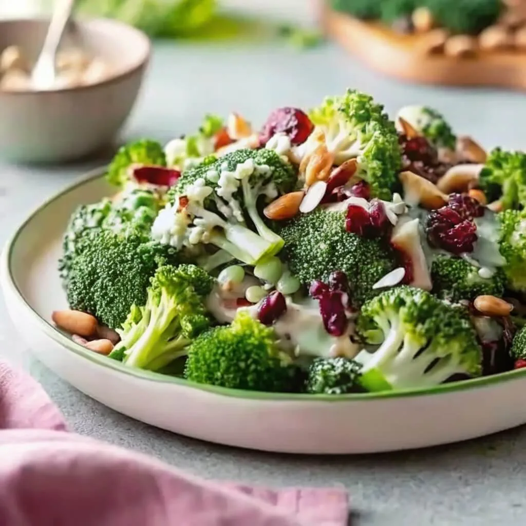 A beautifully presented plate of broccoli salad topped with toasted seeds and dried fruit, served on a light-colored ceramic plate with a pink napkin.