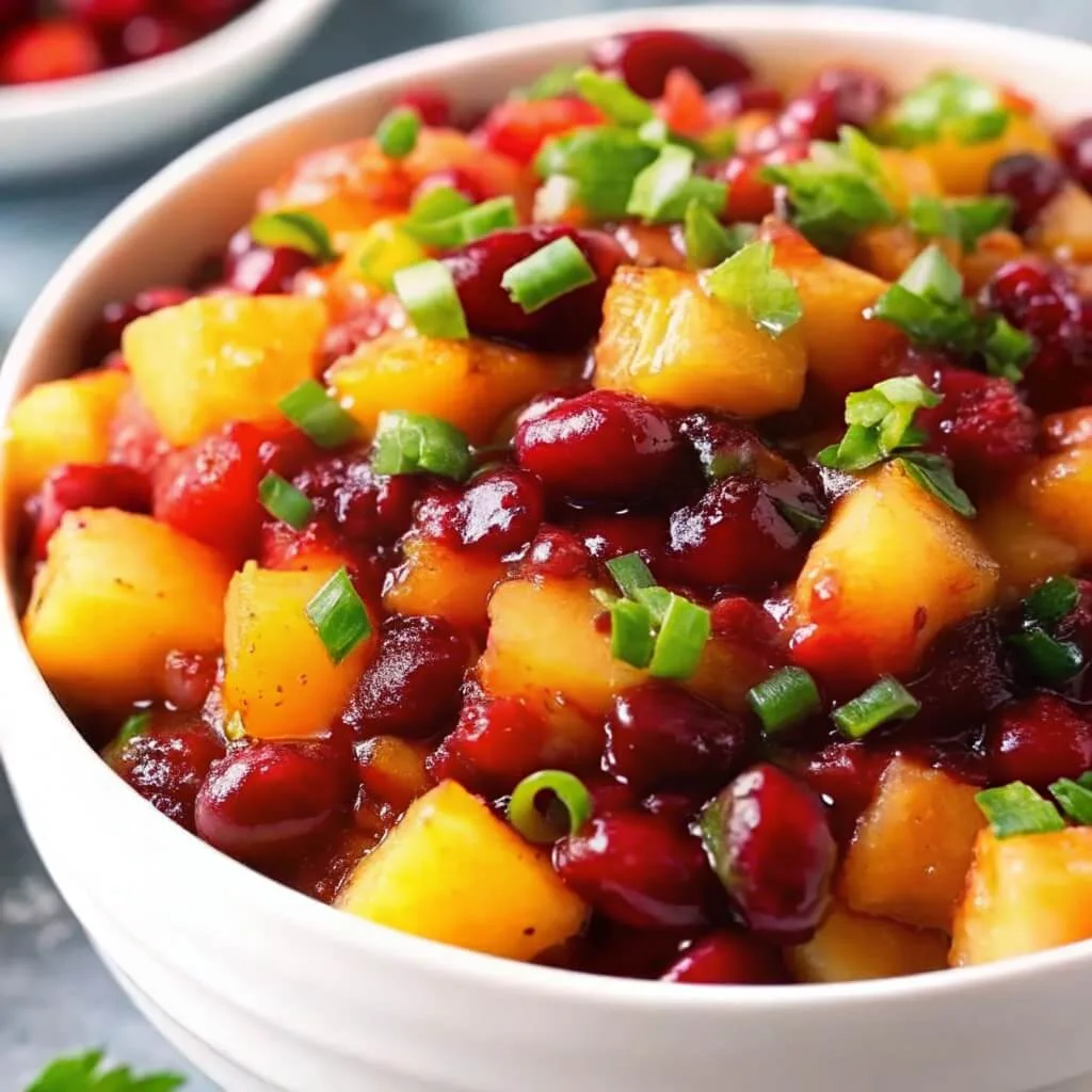 Close-up of a textured fruit chutney with diced mango, cranberries, and freshly chopped green onions.