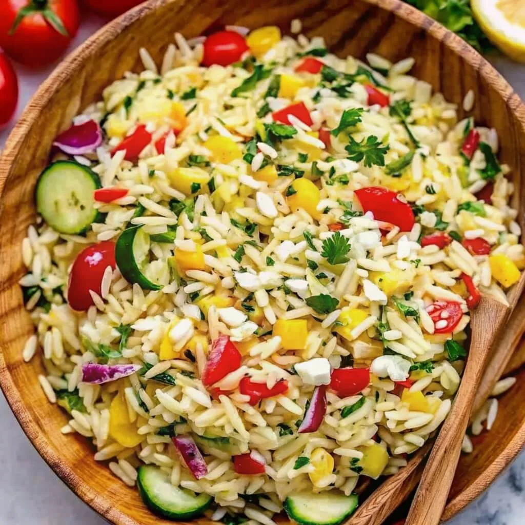 An overhead view of a large wooden bowl overflowing with a colorful orzo salad mixed with yellow peppers, cucumbers, red onions, and fresh herbs.
