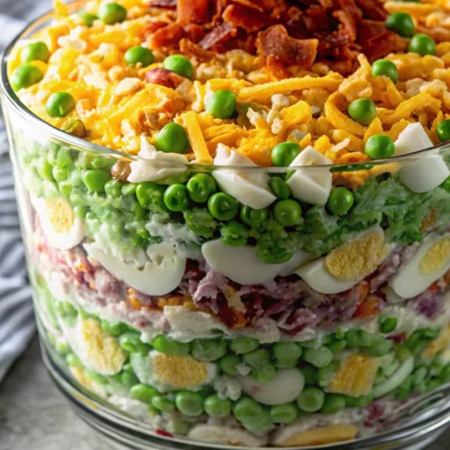 A side-angle view of a large glass bowl filled with a traditional layered overnight salad, showing distinct layers of fresh vegetables and eggs, topped with bacon.