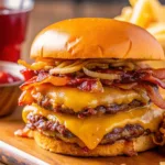 A side view of a double cheeseburger with multiple layers of bacon, melted cheese, and grilled onions.