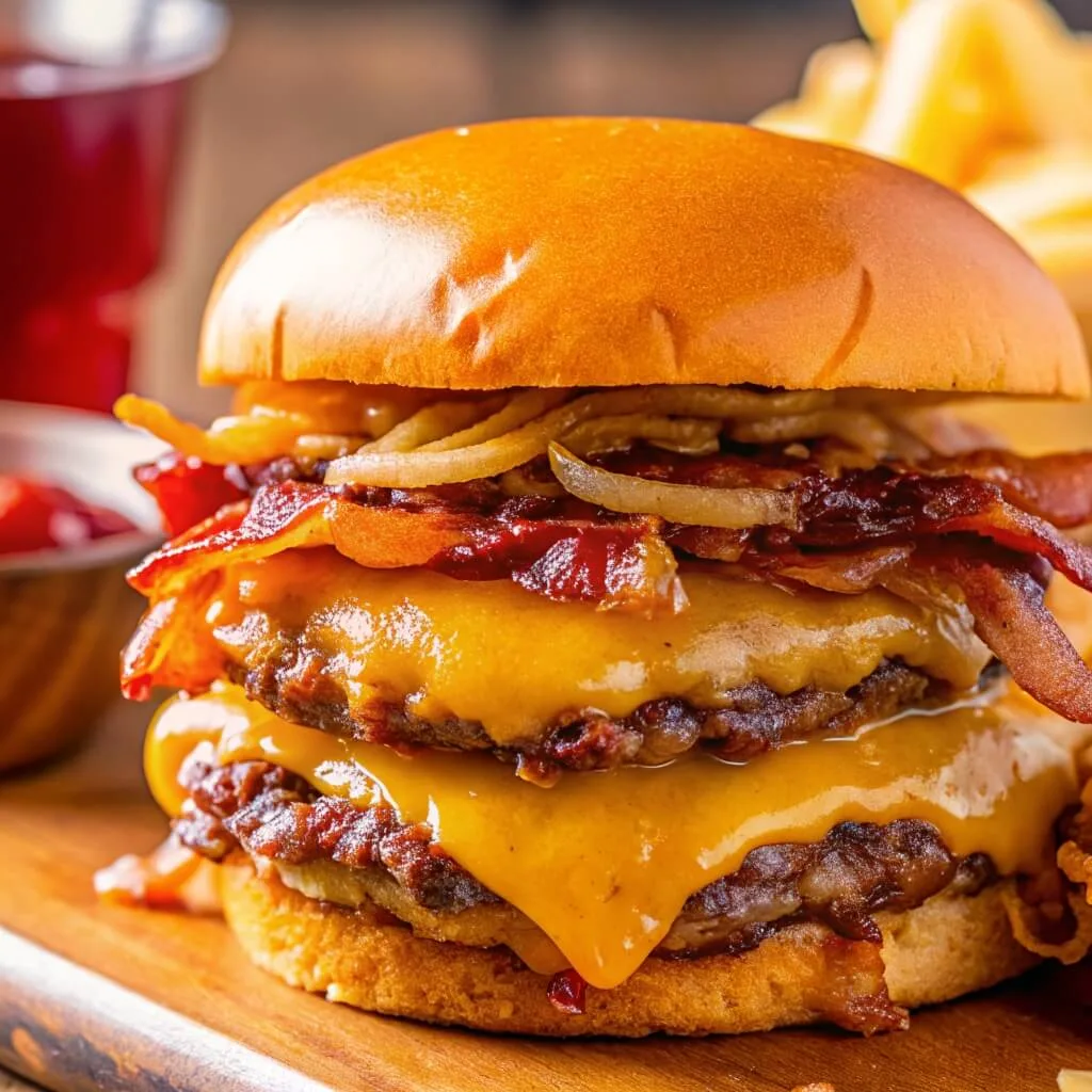A side view of a double cheeseburger with multiple layers of bacon, melted cheese, and grilled onions.