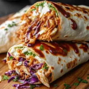 Two halved BBQ chicken burritos on a wooden board, drizzled with dark barbecue sauce and topped with fresh green herbs.