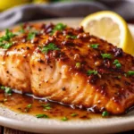 Close-up of a pan-seared salmon fillet glazed in a savory honey garlic sauce and topped with fresh green herbs and a lemon wedge.