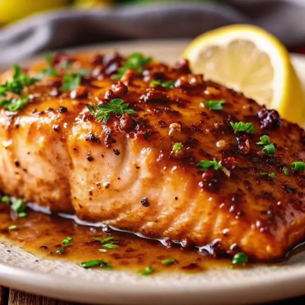 Close-up of a pan-seared salmon fillet glazed in a savory honey garlic sauce and topped with fresh green herbs and a lemon wedge.