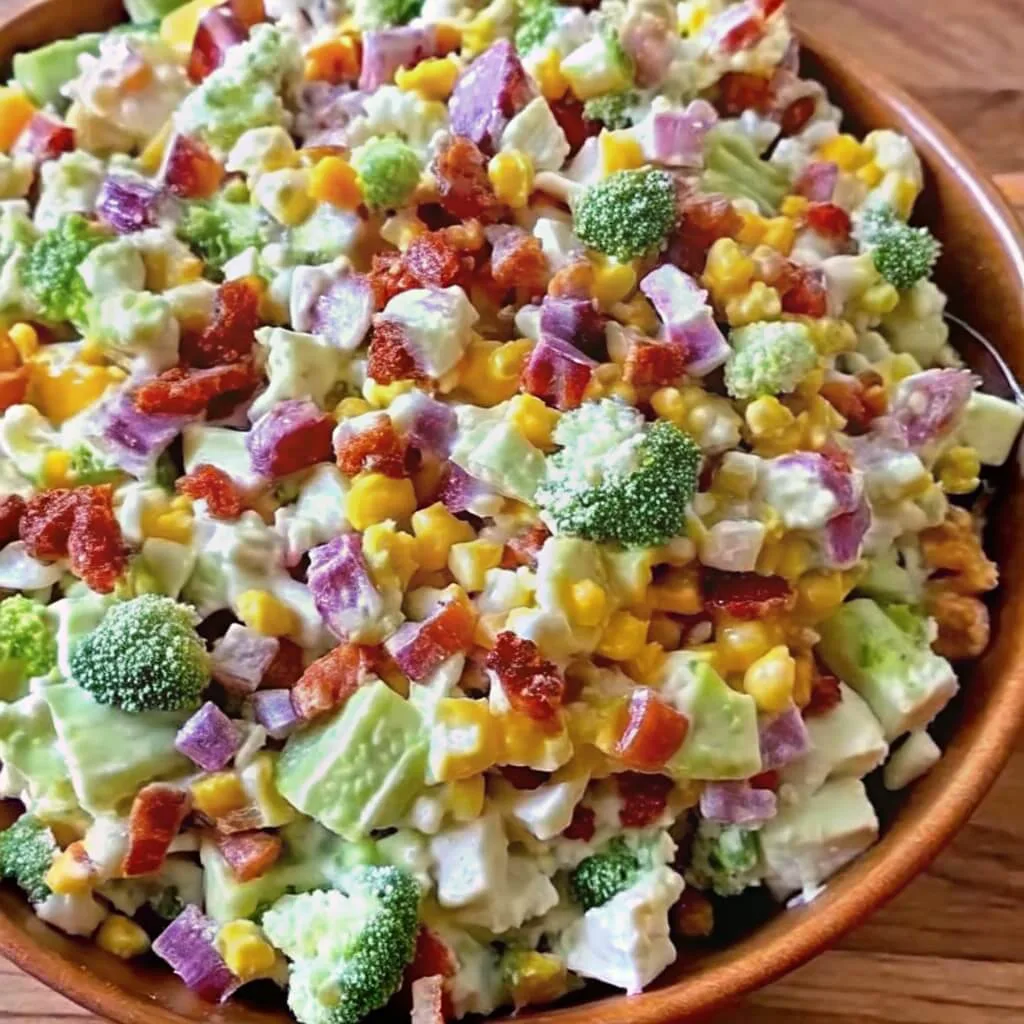A full wooden bowl of loaded broccoli salad with bacon, red onion, and corn on a rustic wooden background.