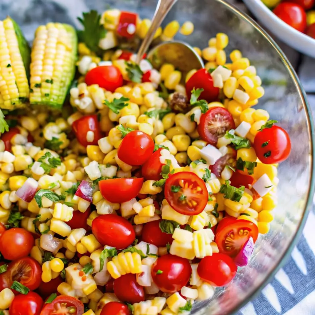A large glass bowl showing the layers of a corn and tomato salad with red onion and cilantro.