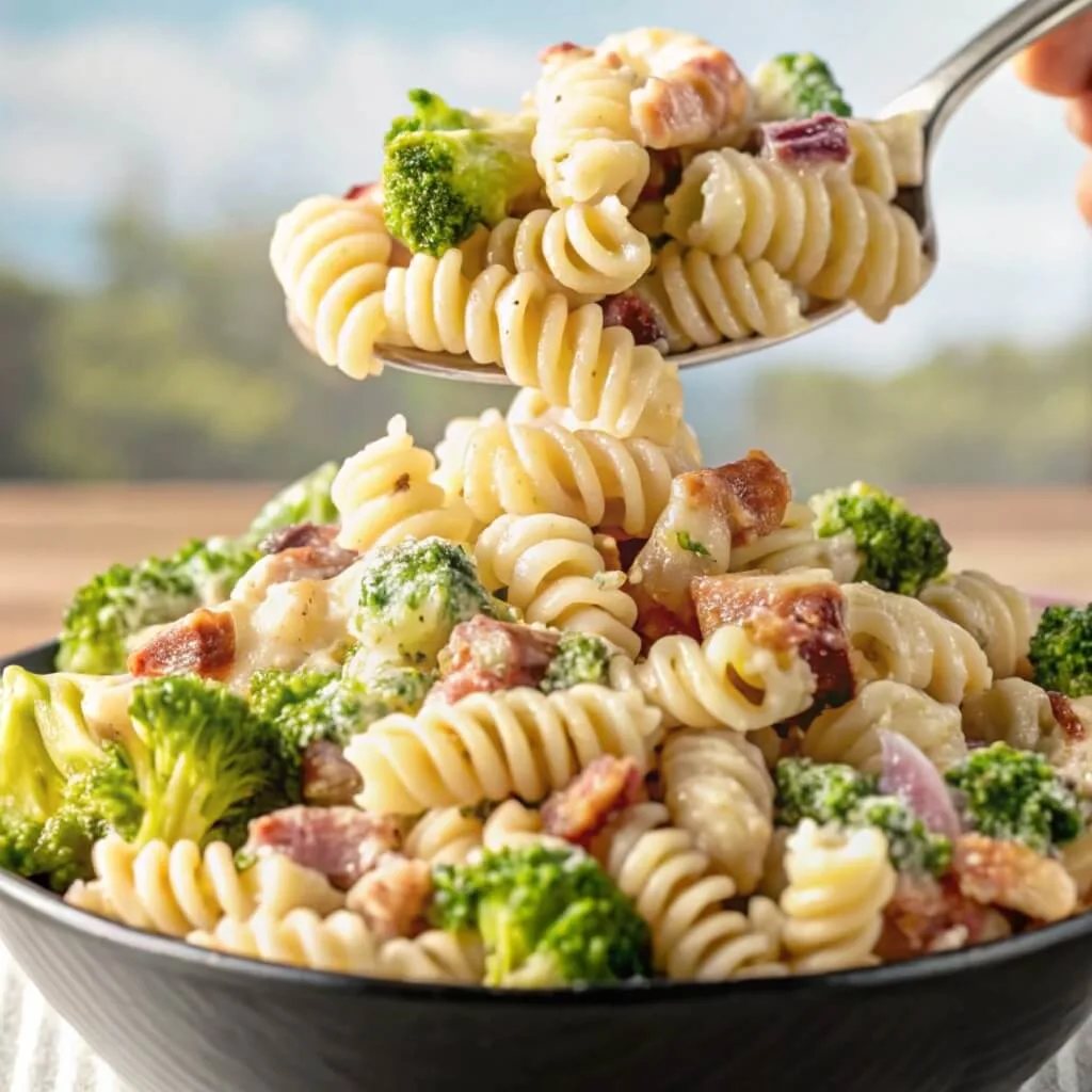 A close-up of a silver spoon lifting a creamy swirl of rotini pasta with a broccoli floret and bacon.