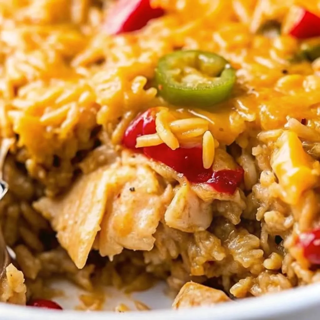 A detailed cross-section of a chicken and rice casserole showing tender chicken chunks, seasoned rice, and a jalapeño garnish on top of melted cheese.